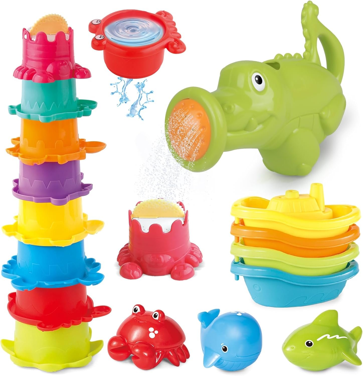 Water Table Toys for Toddlers 1-3, 16PCS Bath Toys for Babies 6-12 Months wtih Floating Boats, Stacking Cups, Cute Water Can & Marine Animal Silicone Toys, Summer Pool Idea Toys Gift for Boys Girls