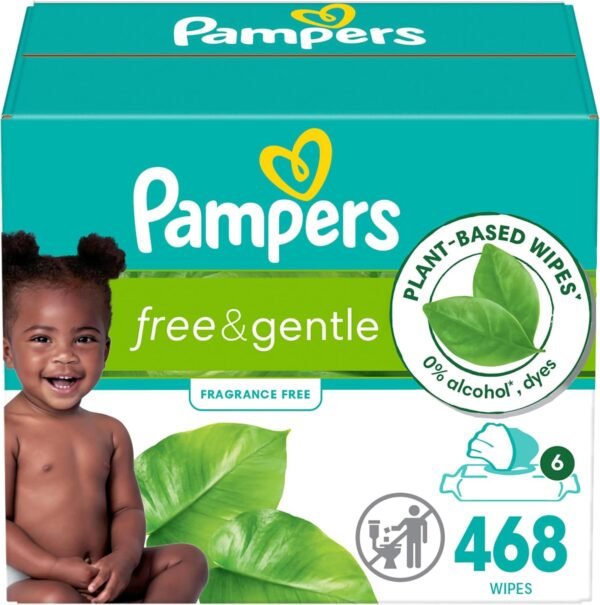 Pampers Free & Gentle 100% Plant-Based Fragrance Free Baby Wipes, 6 pack, 468 Count