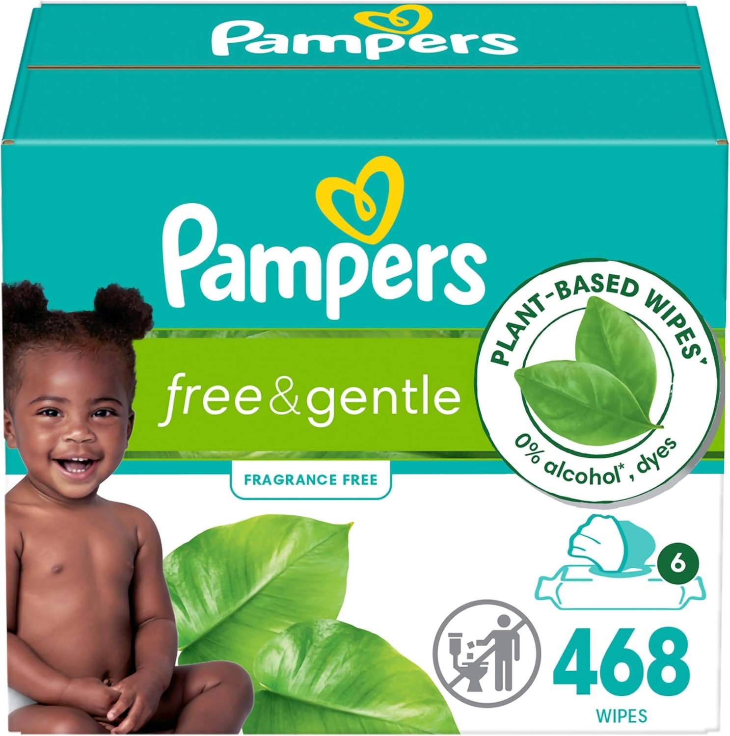 Pampers Free & Gentle 100% Plant-Based Fragrance Free Baby Wipes, 6 pack, 468 Count