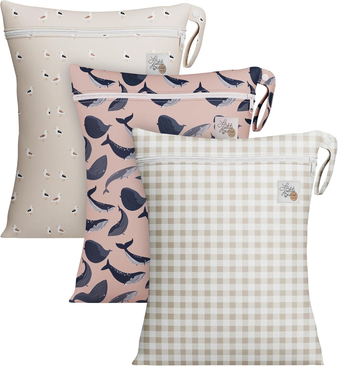 LA PETITE OURSE Wet Dry Bags with Zipper Closure and Hanging Strip, Washable, Reusable, Baby Cloth Diapers- Pack of 3 (Rustique)