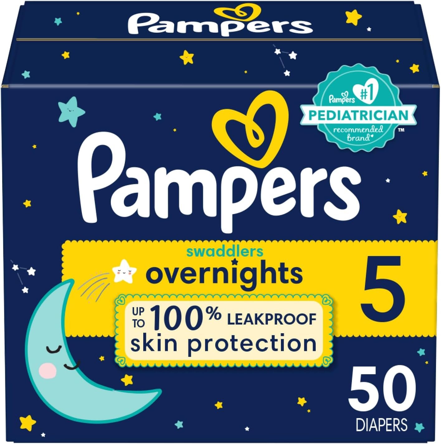 Pampers Diapers Size 5, 50 Count - Swaddlers Overnights Disposable Baby Diapers, Super Pack (Packaging & Prints May Vary)