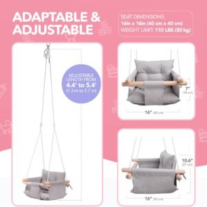 Canvas Baby Swing with Safety Belt | Indoor & Outdoor Wooden Swing - Taupe Gray - Image 4