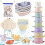 Chinloca Bath Toys for Toddlers, Kids Toddler Baby Bath Toys, Toddler Water Toys Bathtub Toys with Bath Boats/Stacking Cups/Squirt