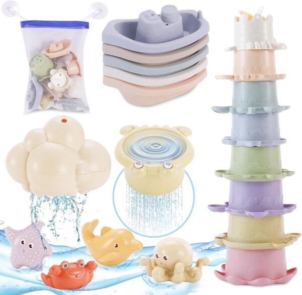 Chinloca Bath Toys for Toddlers, Kids Toddler Baby Bath Toys, Toddler Water Toys Bathtub Toys with Bath Boats/Stacking Cups/Squirt