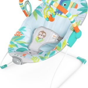Bright Starts Rainforest Vibes 3-Point Harness Vibrating Baby Bouncer with -Toy bar