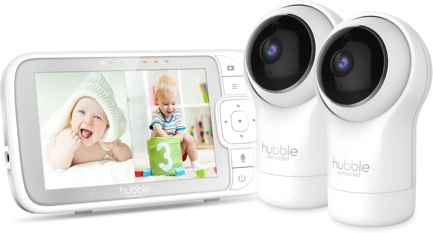 Hubble View Pro Twin 5" Video Baby Monitor with Camera and Audio, NightVision Baby Monitor with 2 Cameras Split Screen & Pan Tilt Zoom; 2Way Talk, Lullabies & Room Temp Sensor, Baby Monitor no WiFi