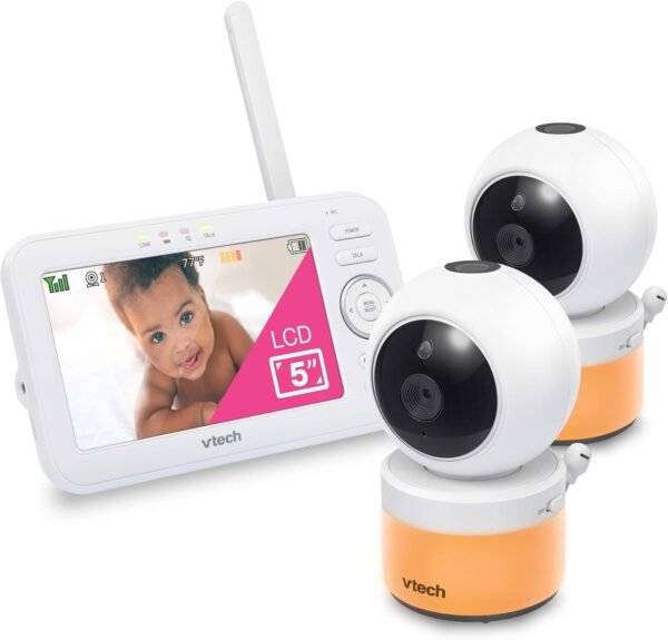 VTech VM5463-2 Video Baby Monitor with 5" Screen, Pan Tilt Zoom, Sound Activated Night Light & Glow-On-The-Ceiling Projection, Night Vision, 2 Cameras, Multiple Viewing Options, White