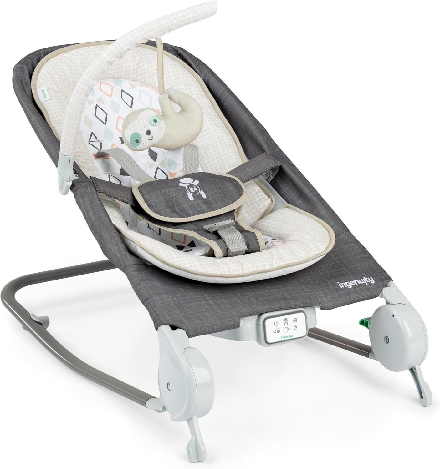 Ingenuity Happy Belly Baby Bouncer Seat and Rocker, Belly Massage & Vibration, Helps Soothe & Relieve Discomfort, Music, Plush Sloth Toy, for Ages 0-6 Months, Grey - Parker