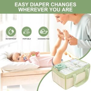 Portable Baby Diaper Caddy Organizer with Changing Mat - Blue & White - Image 2