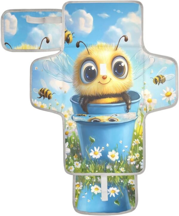 Cute Bee Bucket Portable Diaper Changing Pad Waterproof Foldable Baby Changing Mat with Built-in Pillow Wipes Pocket Storage – Compact and Lightweight for Newborn Girls Baby Boys