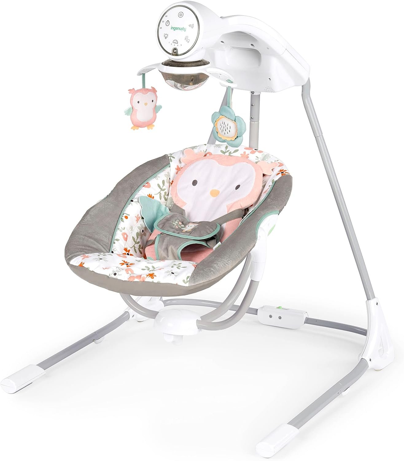 Ingenuity InLighten 5-Speed Baby Swing - Swivel Infant Seat, 5 Point Safety Harness, Nature Sounds, Lights - Nally Owl
