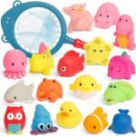 18 PCS Bath Toys for Toddler, Bathtub Sound Toys Set, Bath Time Cute Swimming Pool Accessory, Floating Sea Animals for Baby Boy Girl Shower, Squeeze Educational Learning Gift with Fishing Net
