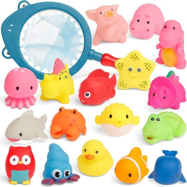 18 PCS Bath Toys for Toddler, Bathtub Sound Toys Set, Bath Time Cute Swimming Pool Accessory, Floating Sea Animals for Baby Boy Girl Shower, Squeeze Educational Learning Gift with Fishing Net