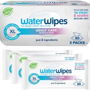 WaterWipes Adult Care Sensitive Body & Intimate Hygiene Wipes, 90 Wipes (3 Packs), Extra Large Textured, 99.9% Water-Based, For Everyday Personal Uses