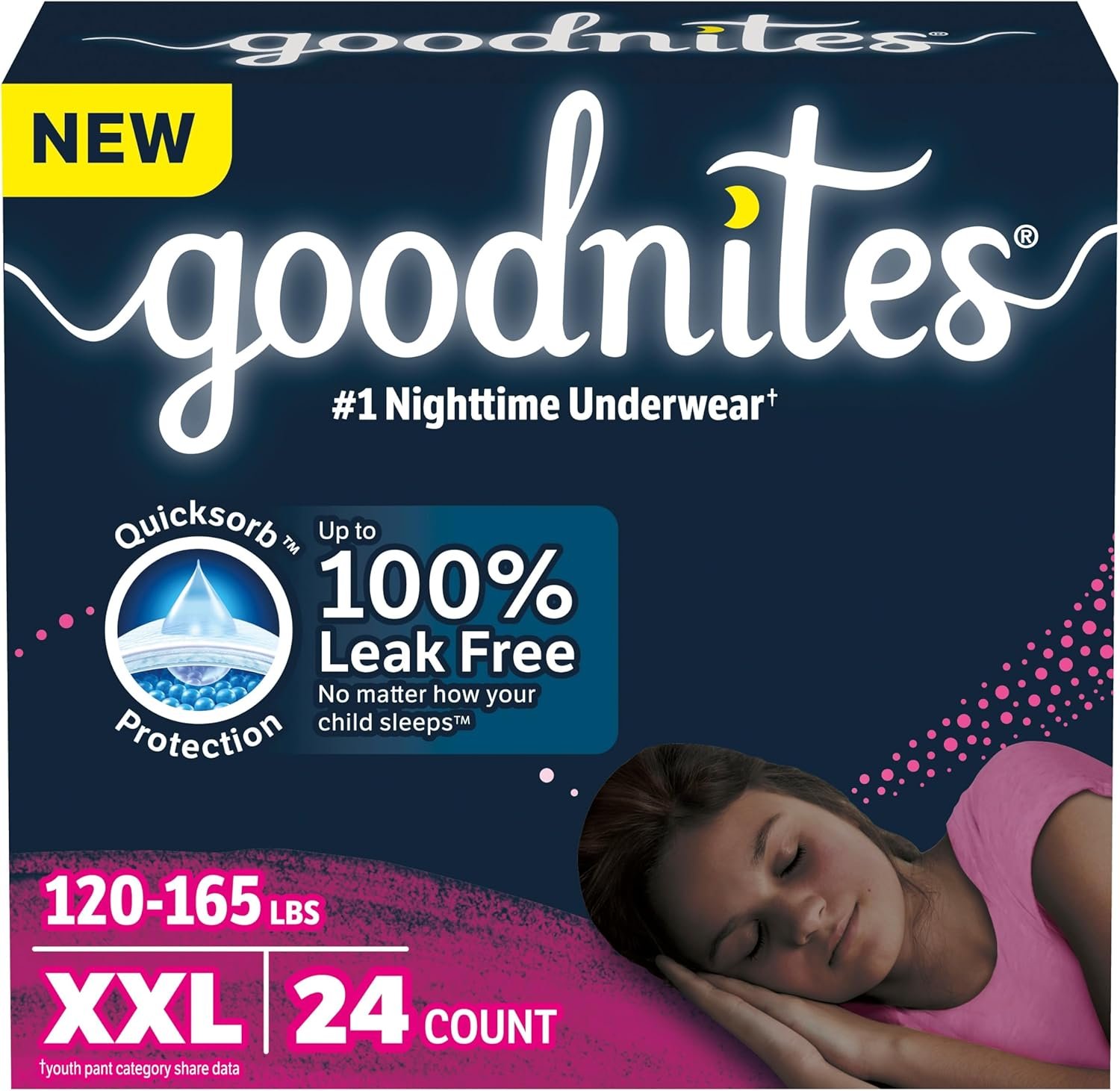 Goodnites Girls' Nighttime Bedwetting Underwear, Size XXL (120-165 lbs), 24 Ct, Packaging May Vary
