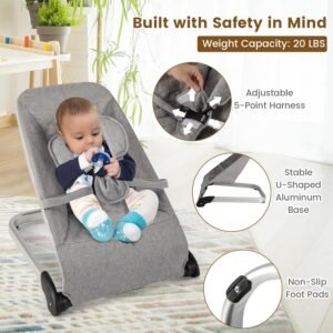 Portable Baby Bouncer with Vibration, Toy Bar & Safety Harness (Gray) - Image 4