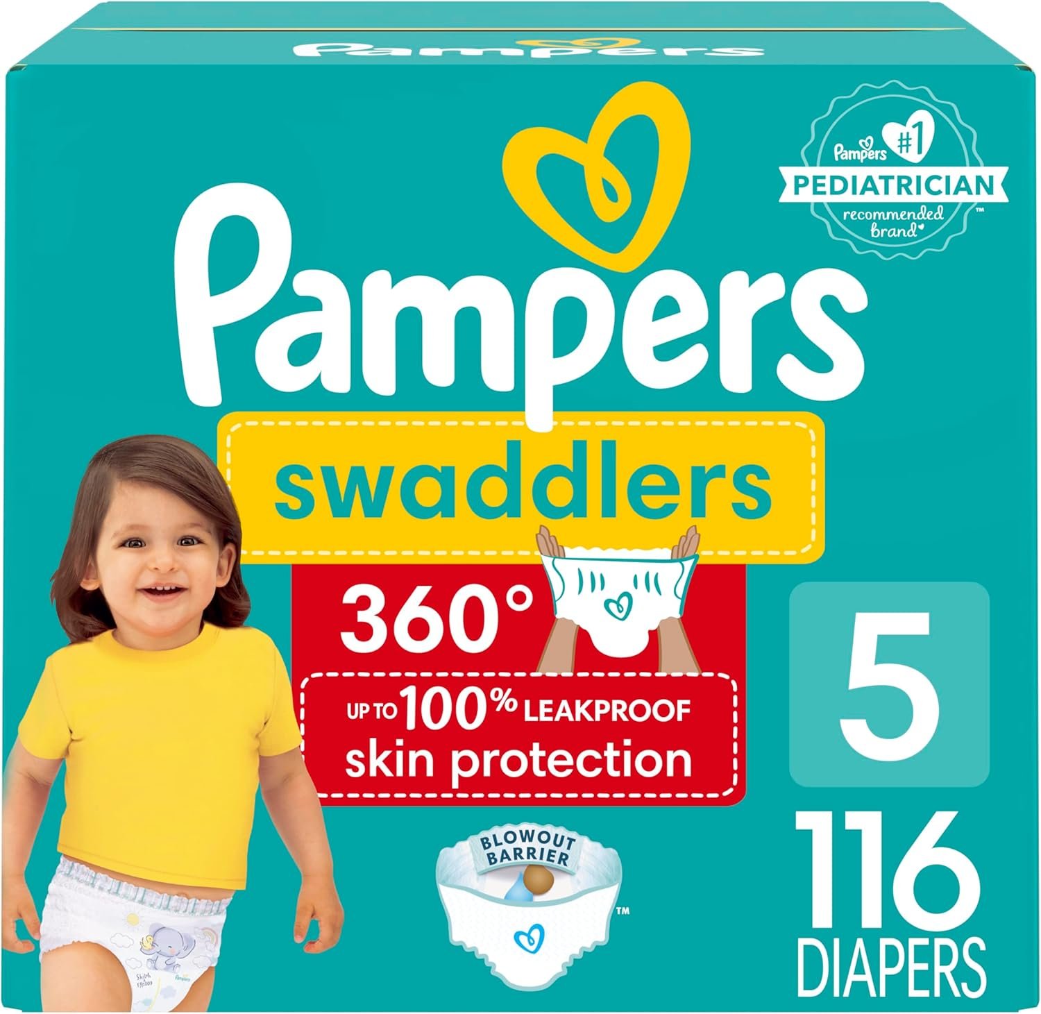 Pampers Swaddlers 360 Pull-On Diapers, Size 5 (27+ lbs), 116 Count, for up to 100% Leakproof Skin Protection