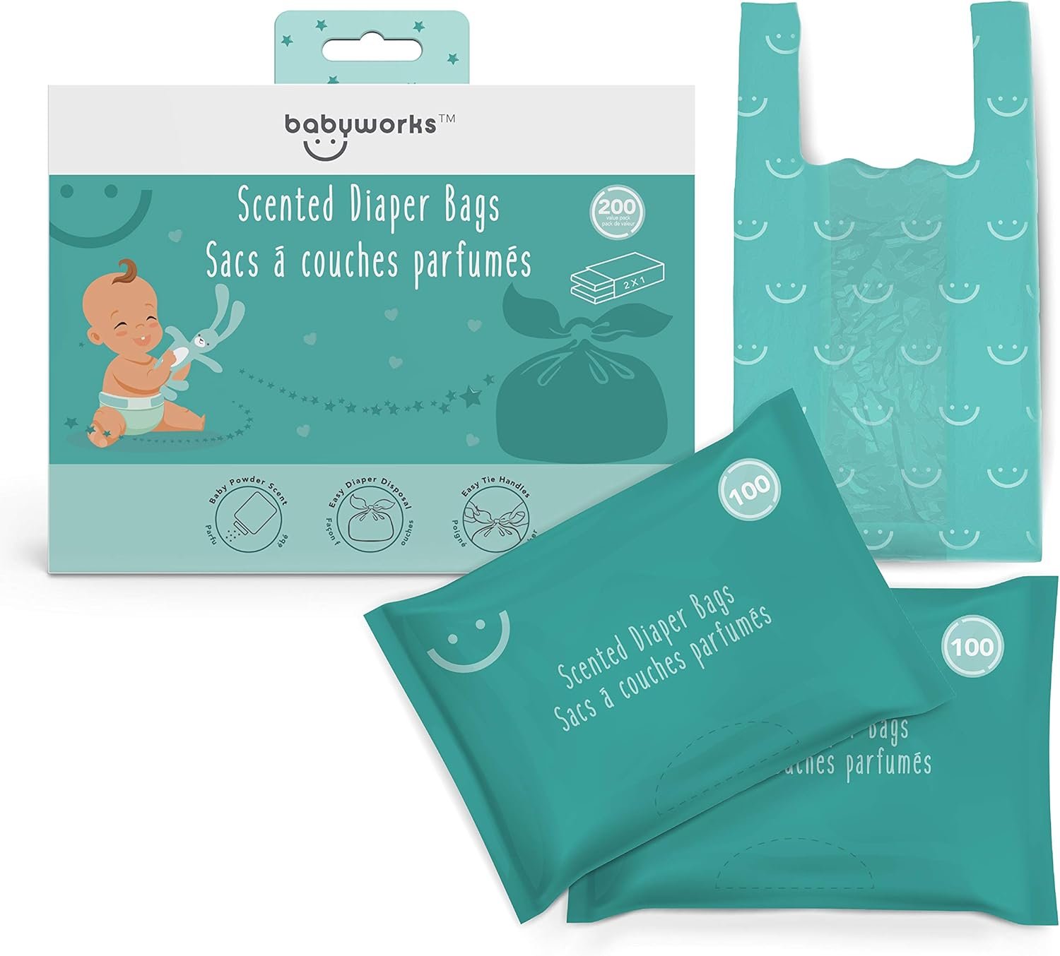 Baby Works - Disposable Diaper Bags, Baby Powder Scent Neutralizes Odors, Diaper Disposal or Pet Waste Bags - 200 Count