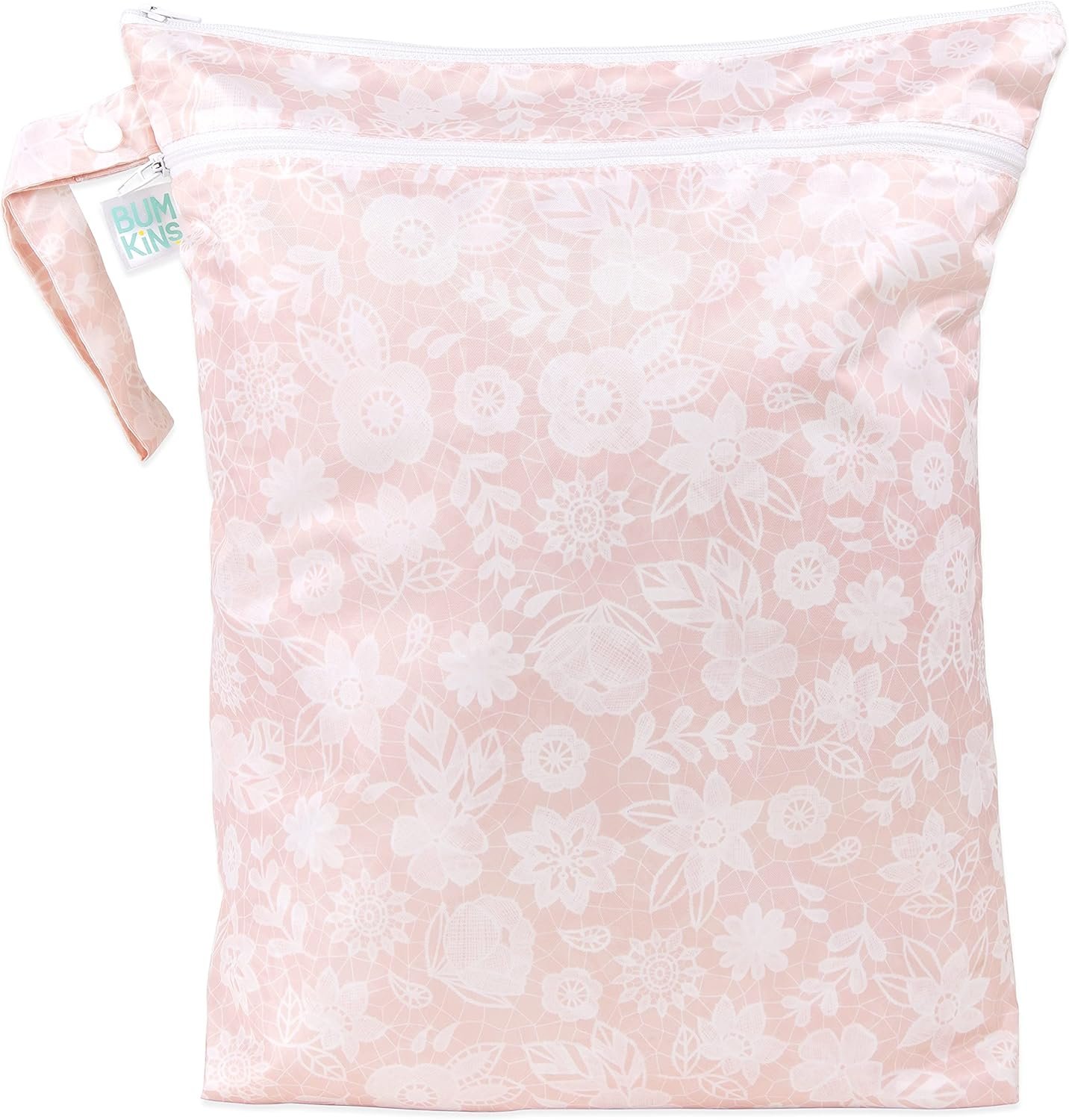 Bumkins Waterproof Wet Dry Bag for Baby, Travel, Swim Suit, Cloth Diapers, Pump Parts, Pool, Gym Clothes, Toiletry, Hook to Stroller, Daycare, Zip Reusable Bag, Wetdry Packing Pouch, Floral Gray