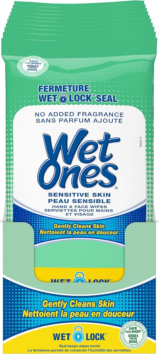 Wet Ones Sensitive Skin Hand Wipes, Unscented, Alcohol-Free Wet Wipes, 20 Count (Pack of 10)