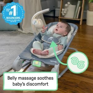 Ingenuity Happy Belly Baby Bouncer & Rocker: Vibration, Music, Plush Toy, Grey - Image 4