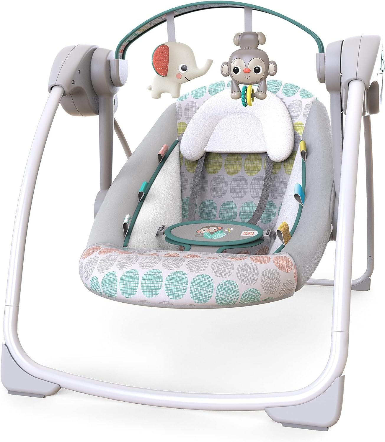 Bright Starts Portable Automatic 6-Speed Baby Swing, Compact Easy-Fold, Music, Toy Bar, 0-9 Months 6-20 lbs (Whimsical Wild)