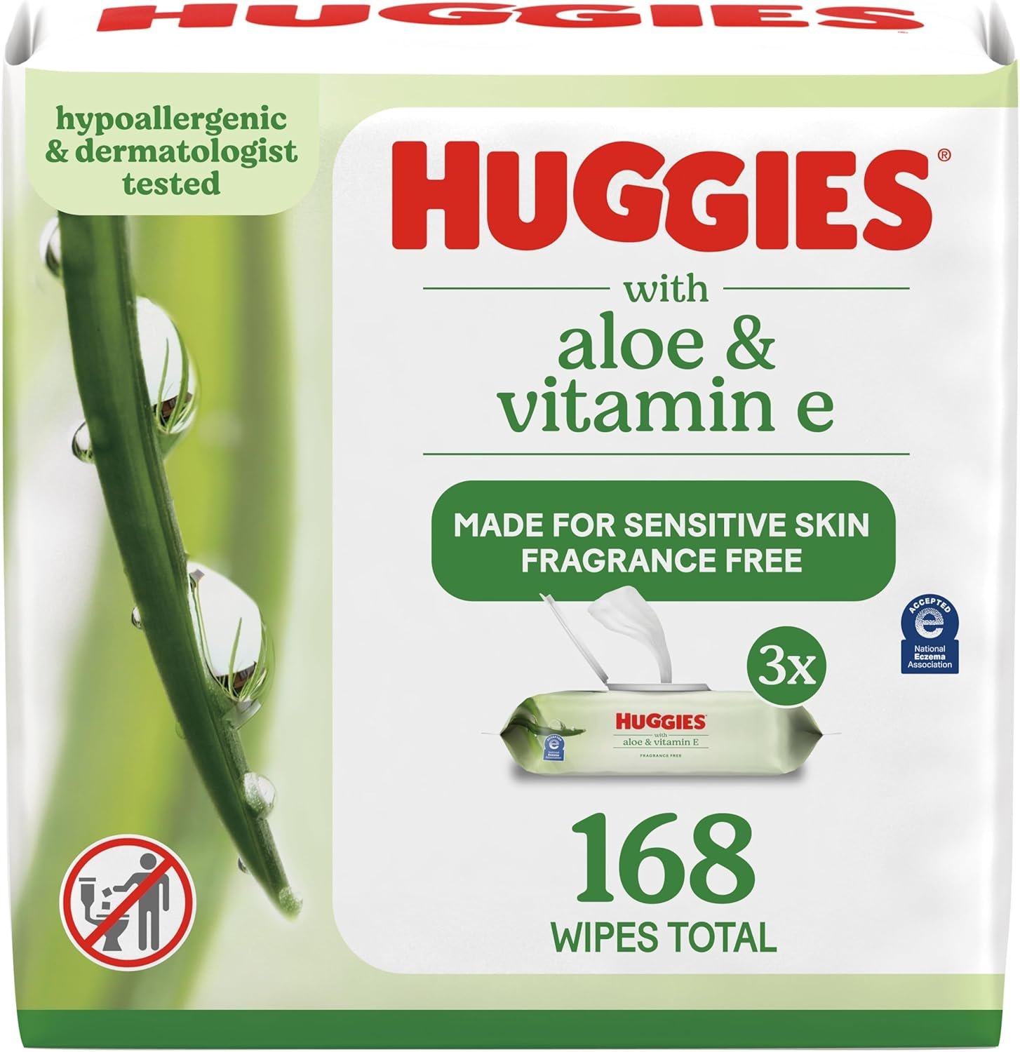 Baby Wipes, Huggies Aloe & Vitamin E, UNSCENTED, 3 Flip-Top Packs, 168 Count