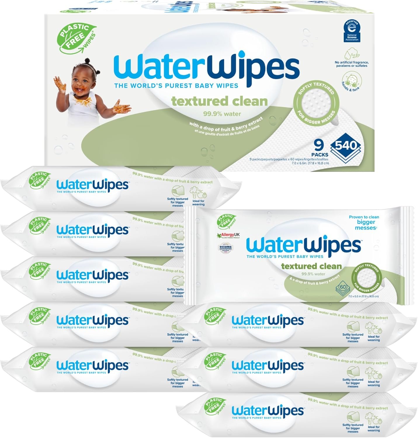 WaterWipes Plastic-Free Textured Clean, Toddler & Baby Wipes, 99.9% Water Based Wipes, Unscented & Hypoallergenic for Sensitive Skin, 540 Count (9 packs), Packaging May Vary
