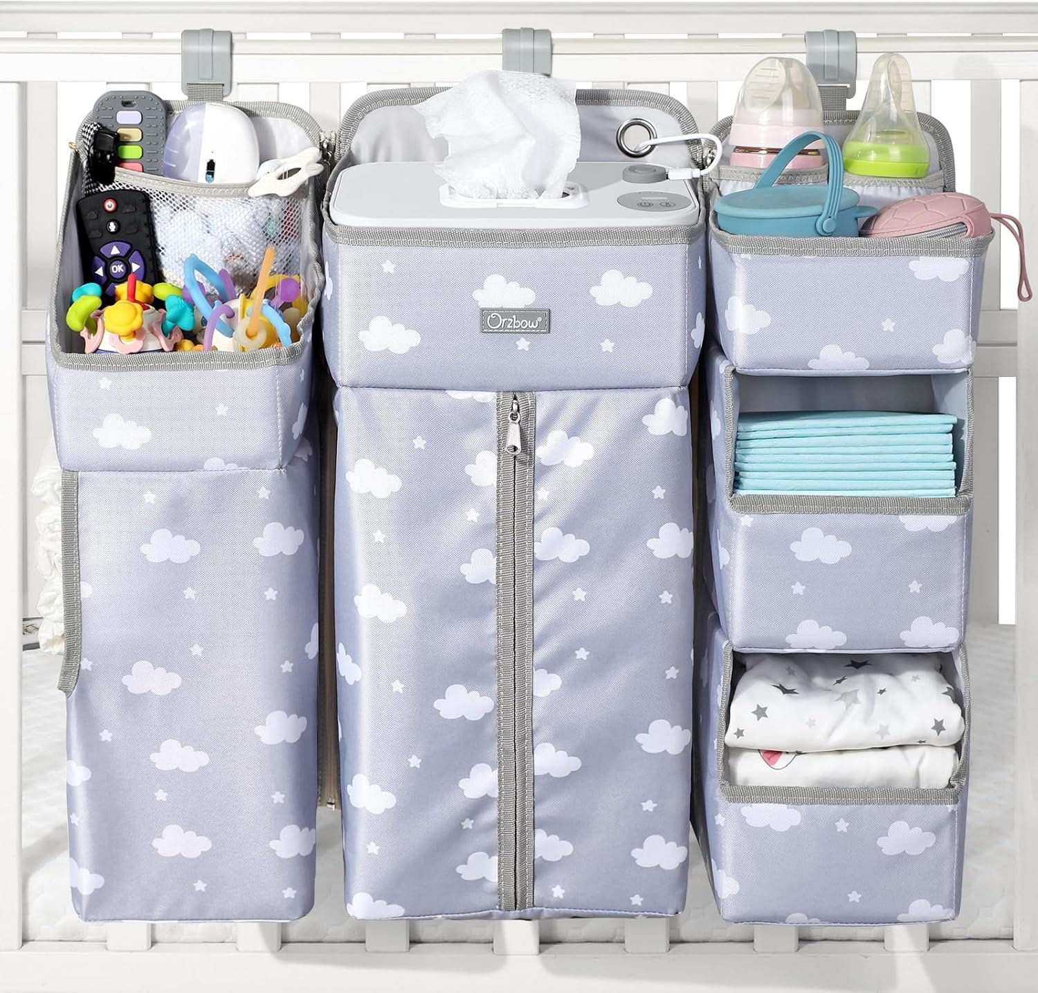 Orzbow XL Hanging Diaper Caddy Organizer for Baby Essentials, Removable 3 in 1 Diaper Stacker, Changing Table Organizer for Crib, Playard, Wall, Multi-Compartments, Two Hang Ways, Grey Cloud