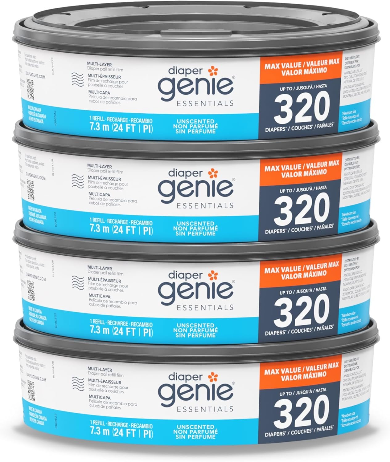 Diaper Genie Essentials Round Refill 4-Pack | Holds Up to 1280 Newborn Diapers | Features Unscented Continuous Film | Compatible with Diaper Genie Complete and Expressions Pails