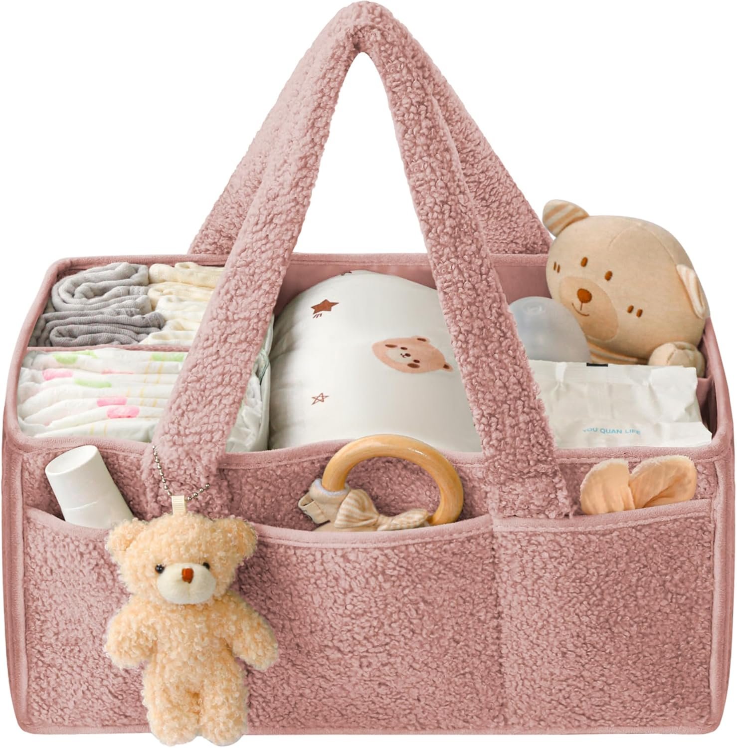 Diaper Caddy Organizer for Baby Essentials - Portable Changing Table Basket with Handle, Travel Diaper Storage for Nursery & On-the-Go (Pink)