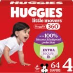 Huggies Size 4 Baby Diapers, Little Movers HuggFit 360° Baby Diapers with 360° Waistband, Size 4 (22-37 lbs), 64 Count, Packaging May Vary