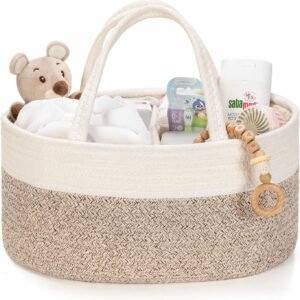 Diaper Caddy Organizer, Baby Storage Basket, Nursery Bin and Car Organizer for Diapers, Gift Basket for Baby Shower List or Newborn Essentials, Boys and Girls - White and Beige Brown