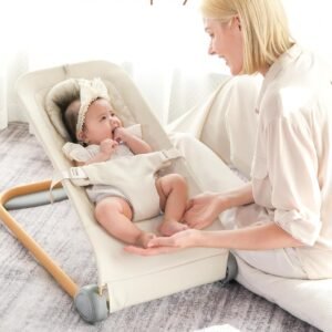 Beige Portable Baby Bouncer Seat - Ergonomic Design for Infants up to 20 lbs - Image 3