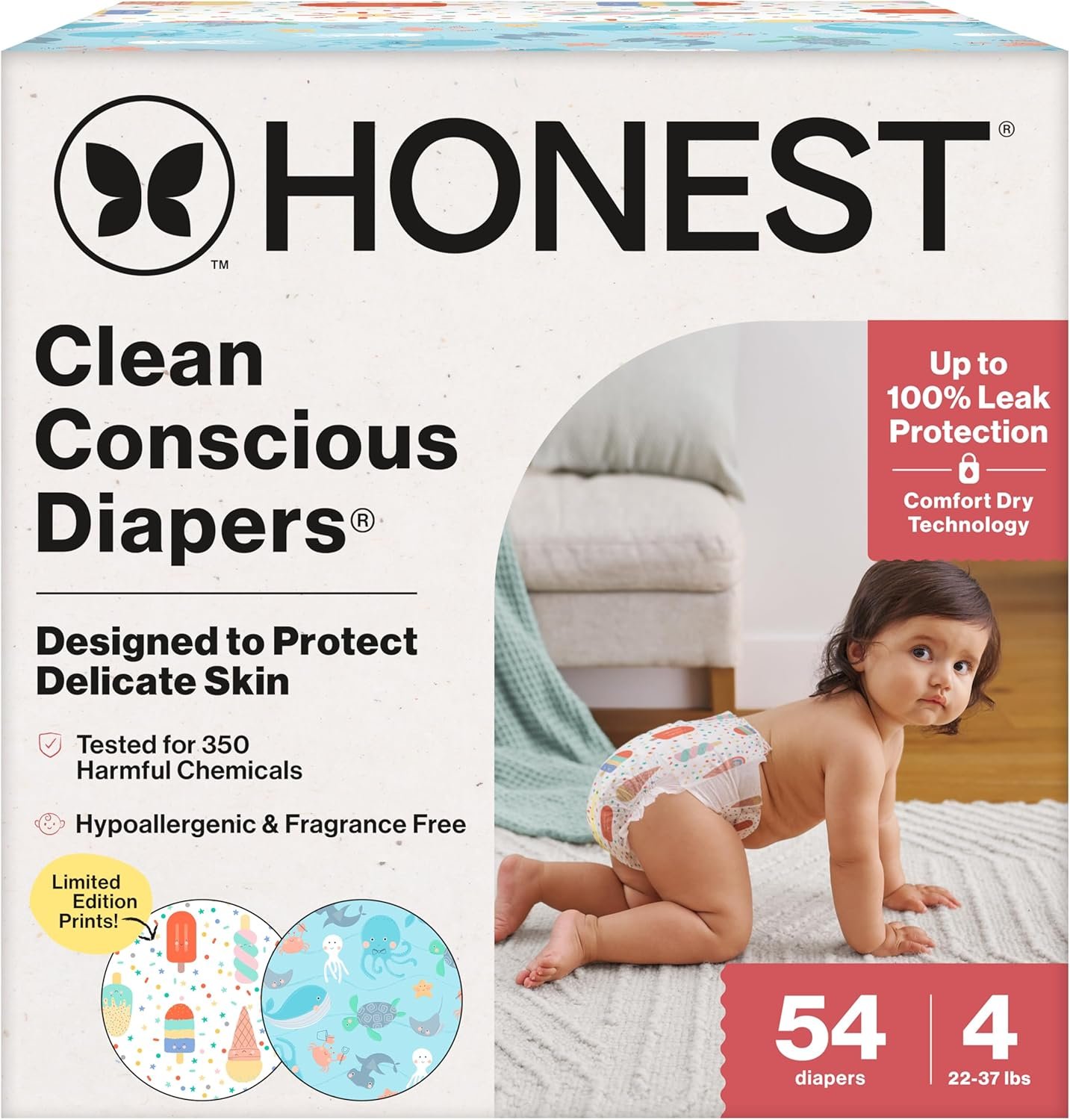 The Honest Company Clean Conscious Diapers for Sensitive Skin | Up to 100% Leakproof | Hypoallergenic, Fragrance Free | Summer '25 Limited Edition Prints | Club Box, Size 4 (22-37 lbs), 54 Count