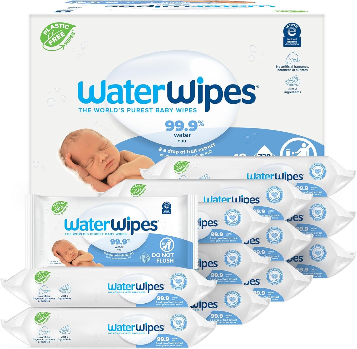 WaterWipes Plastic-Free Original Baby Wipes, 99.9% Water Based Wipes, Unscented & Hypoallergenic for Sensitive Skin, 720 Count (12 packs), Packaging May Vary