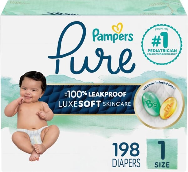 Pampers Pure Protection Diapers - Size 1, 198 Count, Hypoallergenic Unscented Disposable Baby Diapers