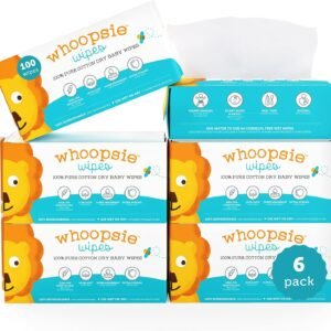 Whoopsie Wipes | Ultra-Soft - 100% Pure Cotton Dry Baby Wipes | Use Wet or Dry | Soft & Sensitive | Extra Strong & Absorbent (6 Pack - 600 Count)