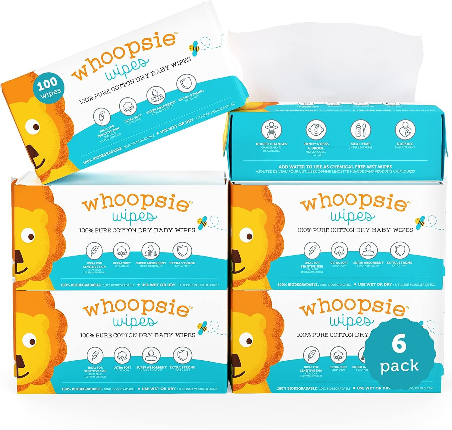 Whoopsie Wipes | Ultra-Soft - 100% Pure Cotton Dry Baby Wipes | Use Wet or Dry | Soft & Sensitive | Extra Strong & Absorbent (6 Pack - 600 Count)