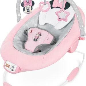 Bright Starts Disney Baby Minnie Mouse Comfy Baby Bouncer Soothing Vibrations Infant Seat - Music, Removable -Toy Bar, 0-6 Months Up to 20 lbs (Rosy Skies)