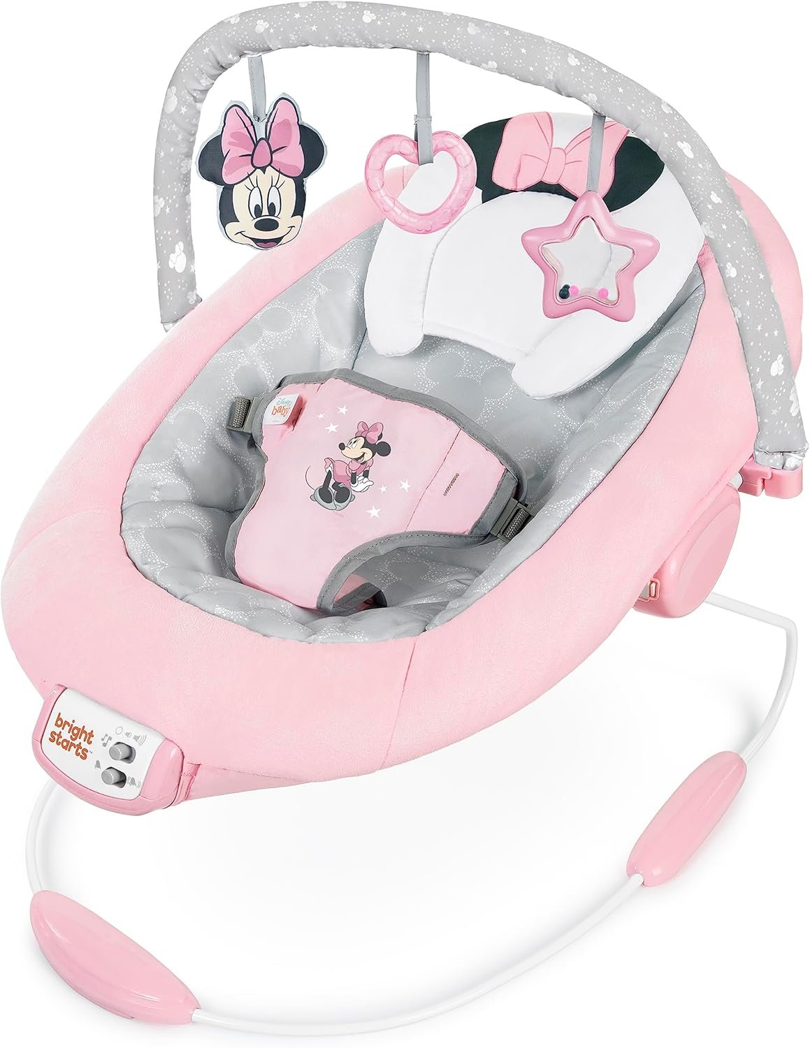 Bright Starts Disney Baby Minnie Mouse Comfy Baby Bouncer Soothing Vibrations Infant Seat - Music, Removable -Toy Bar, 0-6 Months Up to 20 lbs (Rosy Skies)