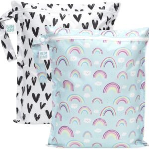 Bumkins Waterproof Wet Bag for Baby, Travel, Swim Suit, Cloth Diapers, Pump Parts, Pool, Gym, Toiletry, Strap to Stroller, Daycare, Zip Reusable Bag, Wetdry Packing Pouch, 2-pk