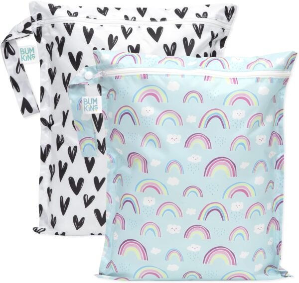 Bumkins Waterproof Wet Bag for Baby, Travel, Swim Suit, Cloth Diapers, Pump Parts, Pool, Gym, Toiletry, Strap to Stroller, Daycare, Zip Reusable Bag, Wetdry Packing Pouch, 2-pk
