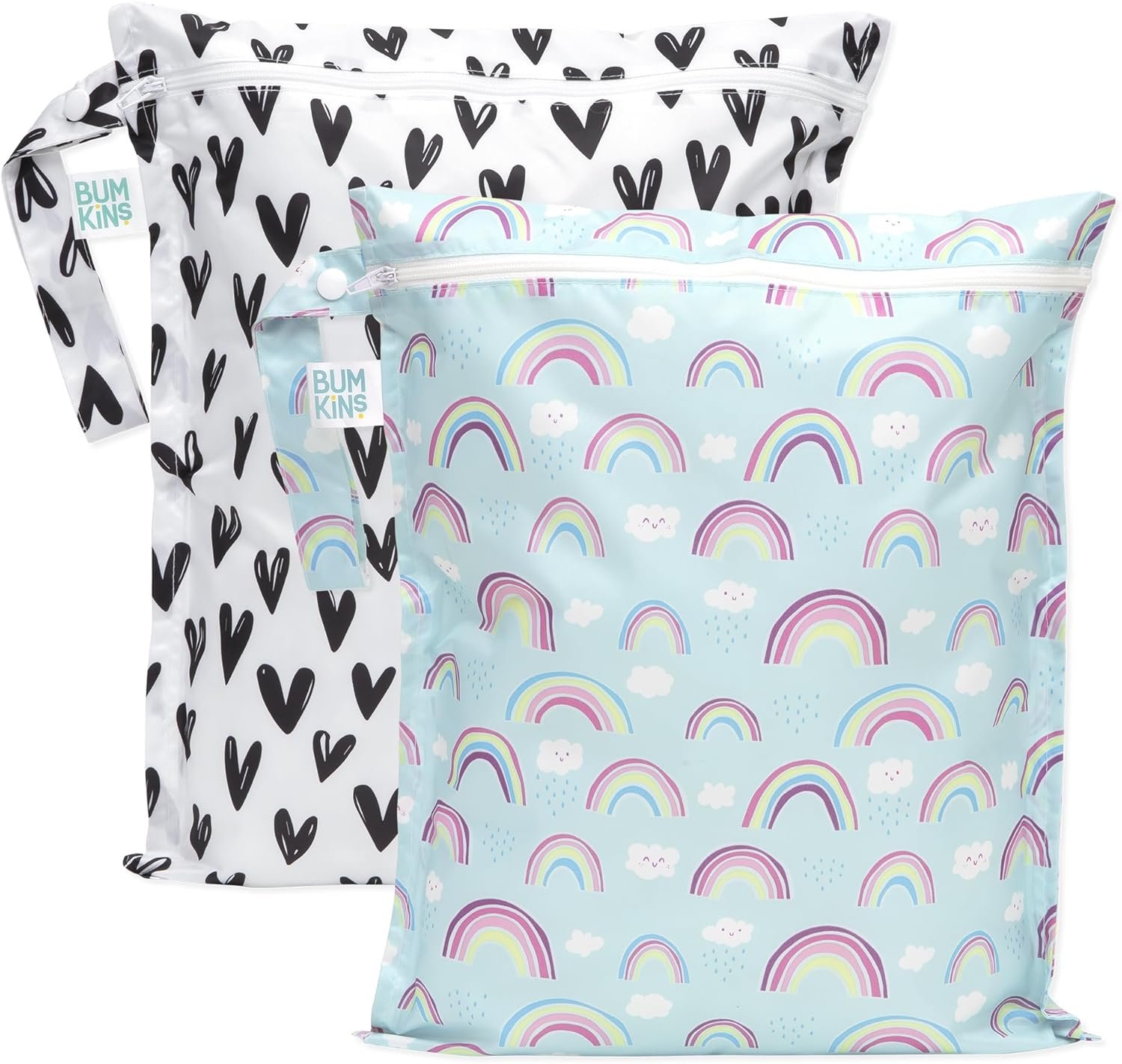 Bumkins Waterproof Wet Bag for Baby, Travel, Swim Suit, Cloth Diapers, Pump Parts, Pool, Gym, Toiletry, Strap to Stroller, Daycare, Zip Reusable Bag, Wetdry Packing Pouch, 2-pk