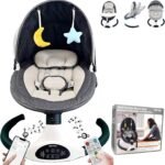“5-Speed Electric Baby Swing for Newborns & Infants – Bluetooth Music & Remote Control, Portable Infant Bouncer with Timer, Memory-Foam Seat, 5-Point Harness & Plush Toys”(Black)