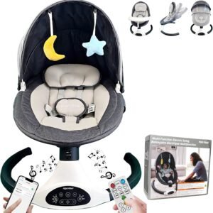 “5-Speed Electric Baby Swing for Newborns & Infants – Bluetooth Music & Remote Control, Portable Infant Bouncer with Timer, Memory-Foam Seat, 5-Point Harness & Plush Toys”(Black)