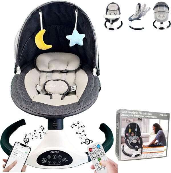 “5-Speed Electric Baby Swing for Newborns & Infants – Bluetooth Music & Remote Control, Portable Infant Bouncer with Timer, Memory-Foam Seat, 5-Point Harness & Plush Toys”(Black)