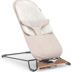 UPPAbaby Mira Bouncer/Portable 2-in-1 Bouncer + Seat Grows With Your Baby/GREENGuard® Gold, JPMA + FSC® certified/Cozy Seat Liner + Storage Bag Included/Charlie (Sand Mélange/Black Chrome/Walnut Wood)