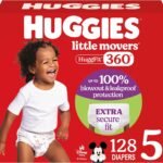 Huggies Size 5 Baby Diapers, Little Movers HuggFit 360° Baby Diapers with 360° Waistband, Size 5 (27+ lbs), 128 Count, Packaging May Vary
