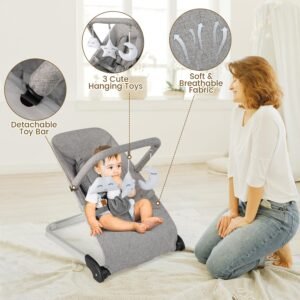 Portable Baby Bouncer with Vibration, Toy Bar & Safety Harness (Gray) - Image 6